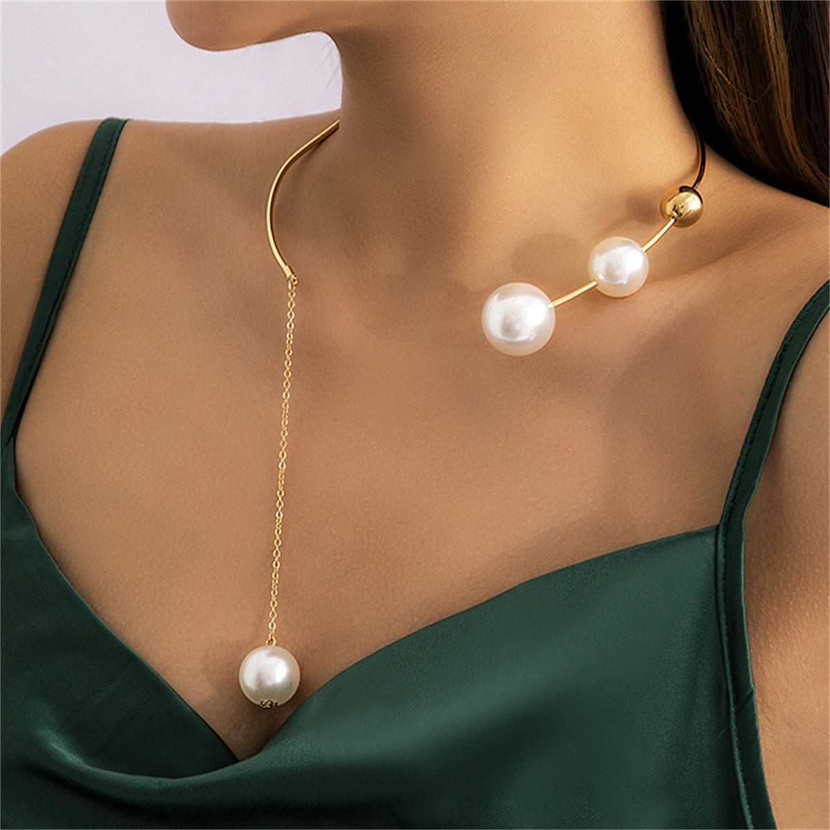 Pearl and 18K Gold-Plated Drop Choker, gold pendant necklace for women, botanical inspired, front view