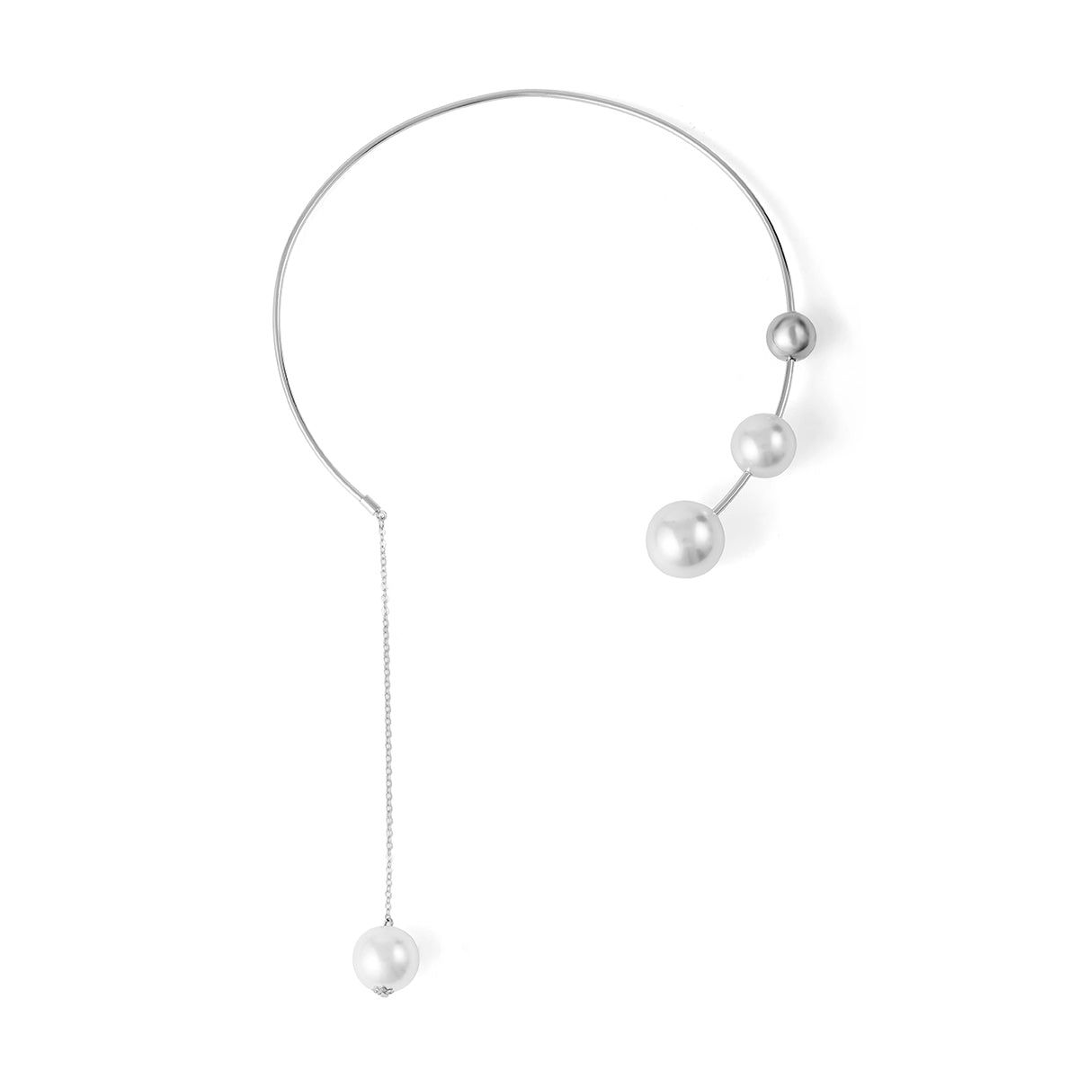 Pearl and Silver-Plated Drop Choker, silver pendant necklace for women, vintage-inspired design, side view