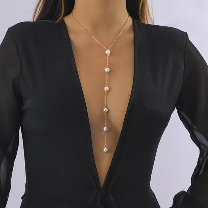 Pearl and 18K Gold-Plated Lariat Necklace, gold pendant necklace for women, elegant gift for her, front view