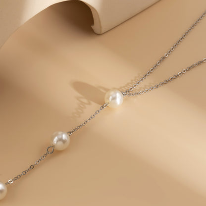 Pearl and Silver-Plated Lariat Necklace, silver pendant necklace for women, everyday style, side view