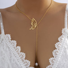 Pearl & 18K Gold-Plated Butterfly Lariat Necklace