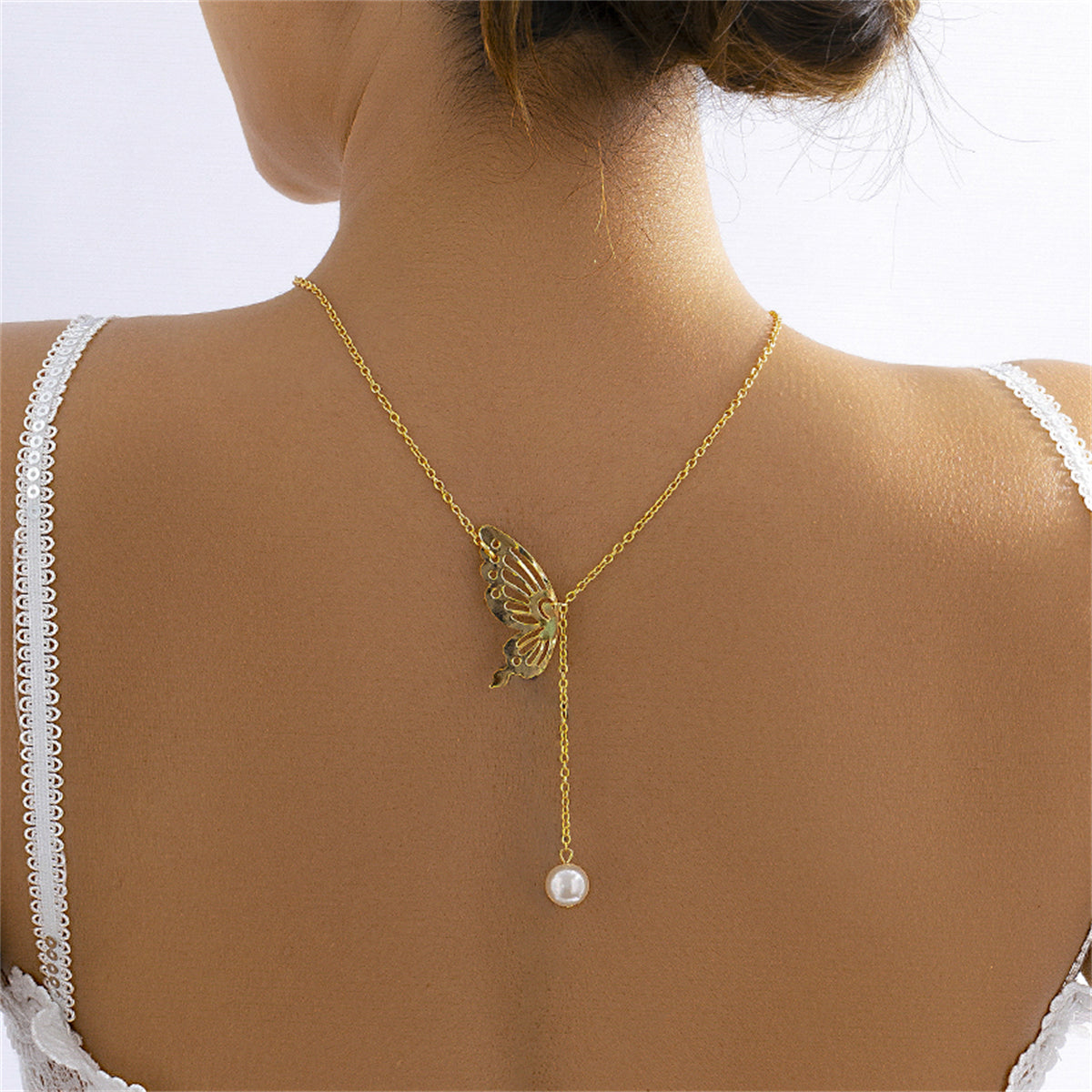 Pearl and 18K Gold-Plated Butterfly Lariat Necklace, gold pendant necklace for women, vintage-inspired design, side view
