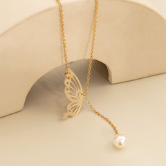 Pearl & 18K Gold-Plated Butterfly Lariat Necklace