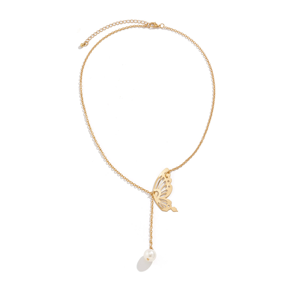 Pearl and 18K Gold-Plated Butterfly Lariat Necklace, gold pendant necklace for women, vintage-inspired design, styled look