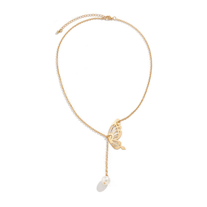 Pearl and 18K Gold-Plated Butterfly Lariat Necklace, gold pendant necklace for women, vintage-inspired design, styled look