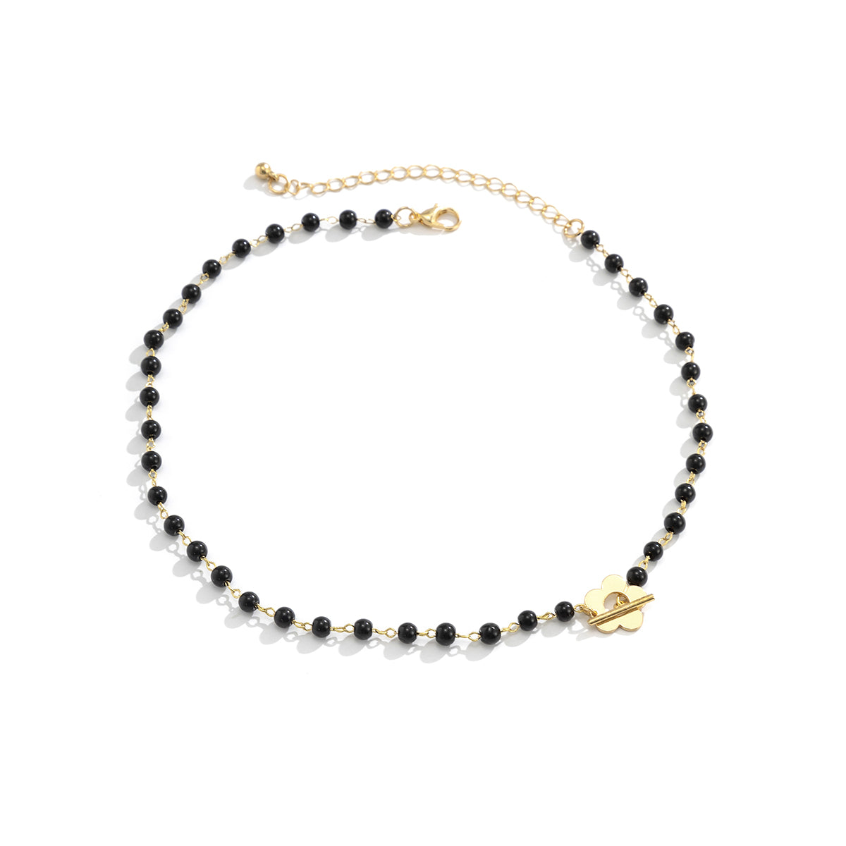Black and 18K Gold-Plated Flower Choker Necklace, gold pendant necklace for women, botanical inspired, side view