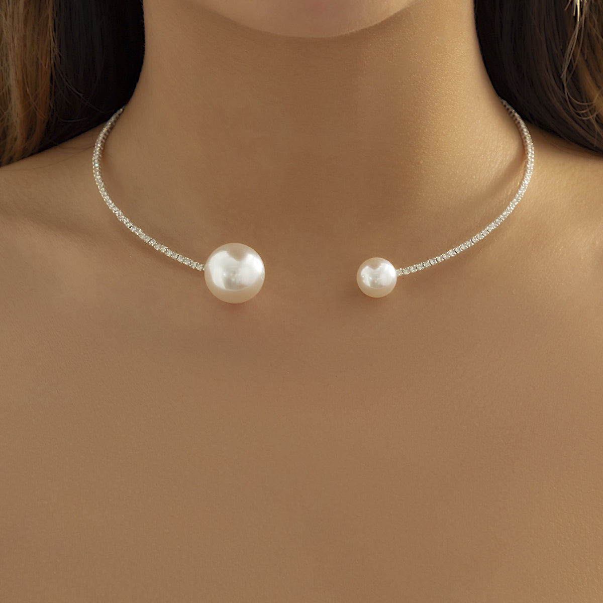 Pearl and Cubic Zirconia Silver-Plated Choker, chunky silver choker necklace, vintage-inspired design, front view