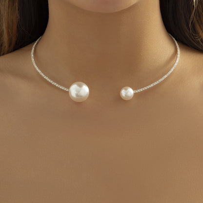Pearl and Cubic Zirconia Silver-Plated Choker, chunky silver choker necklace, vintage-inspired design, front view