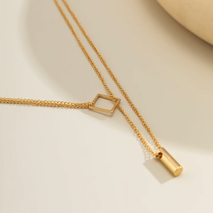 18K Gold-Plated Rhombus Layered Lariat Necklace, gold pendant necklace for women, vintage-inspired design, lifestyle look