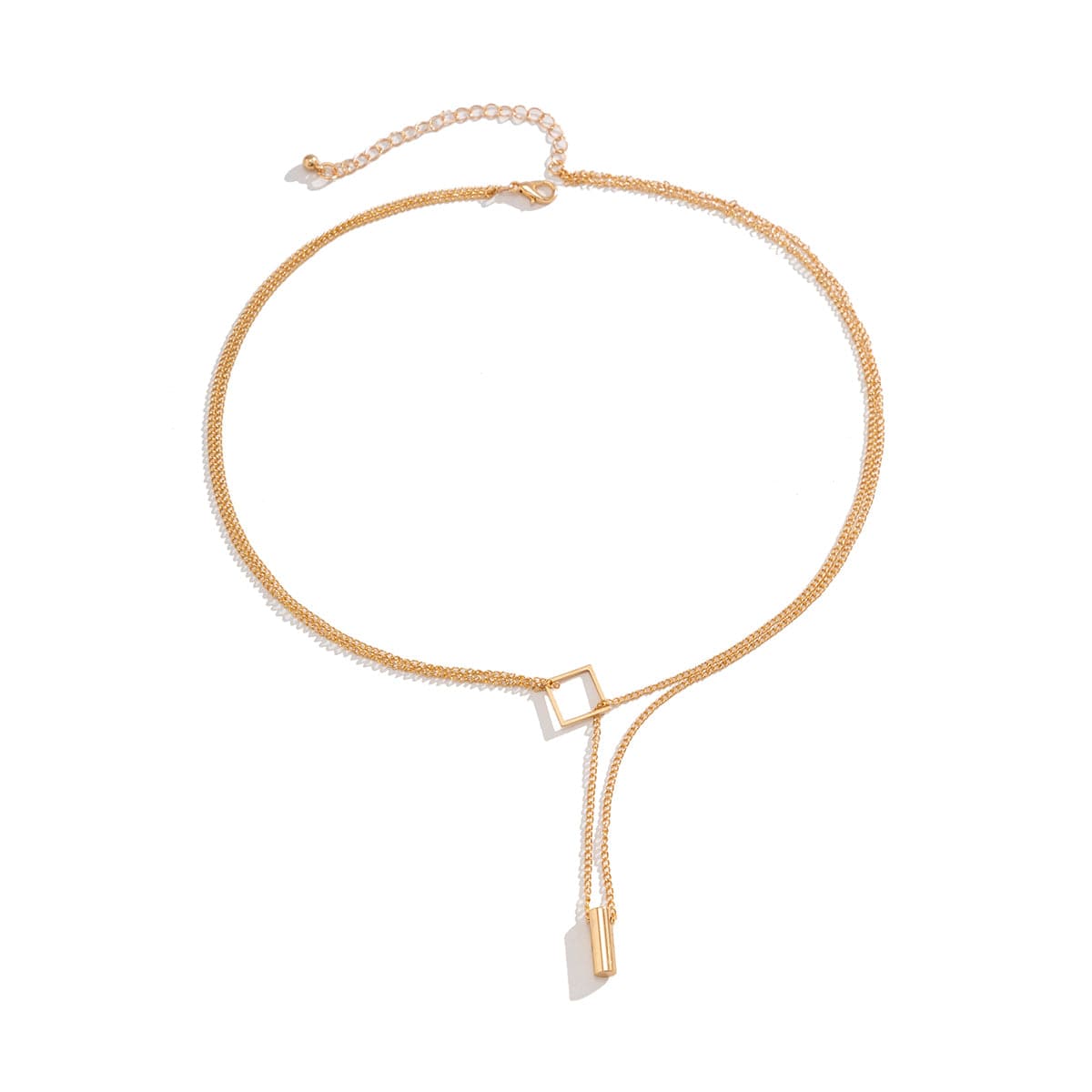 18K Gold-Plated Rhombus Layered Lariat Necklace, gold pendant necklace for women, vintage-inspired design, side view