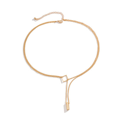 18K Gold-Plated Rhombus Layered Lariat Necklace, gold pendant necklace for women, vintage-inspired design, side view
