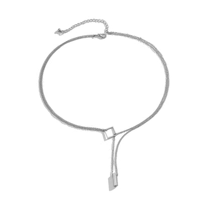 Silver-Plated Rhombus Layered Lariat Necklace, silver pendant necklace for women, vintage-inspired design, styled look