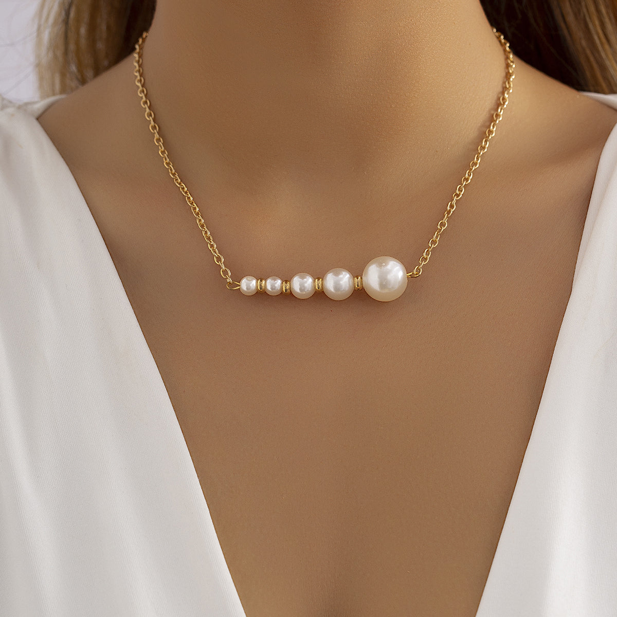 Pearl and 18K Gold-Plated Beaded Bar Pendant Necklace, gold pendant necklace for women, everyday style, front view