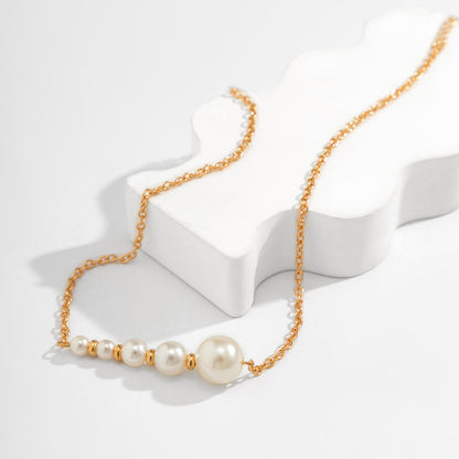 Pearl and 18K Gold-Plated Beaded Bar Pendant Necklace, gold pendant necklace for women, everyday style, detail close-up