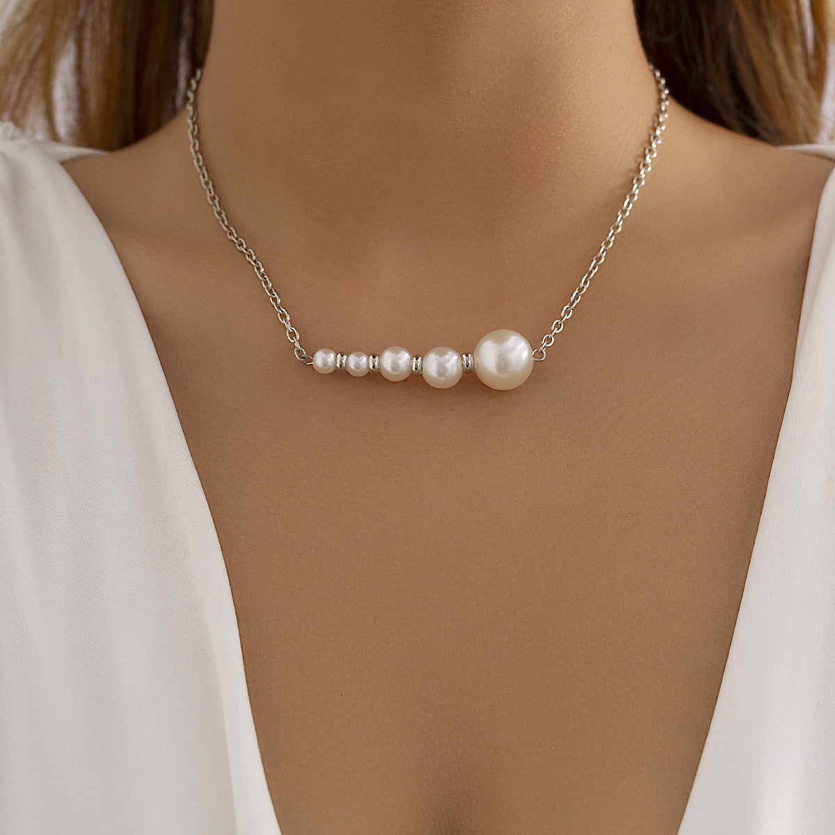 Pearl and Silver-Plated Beaded Bar Pendant Necklace, silver pendant necklace for women, vintage-inspired design, front view