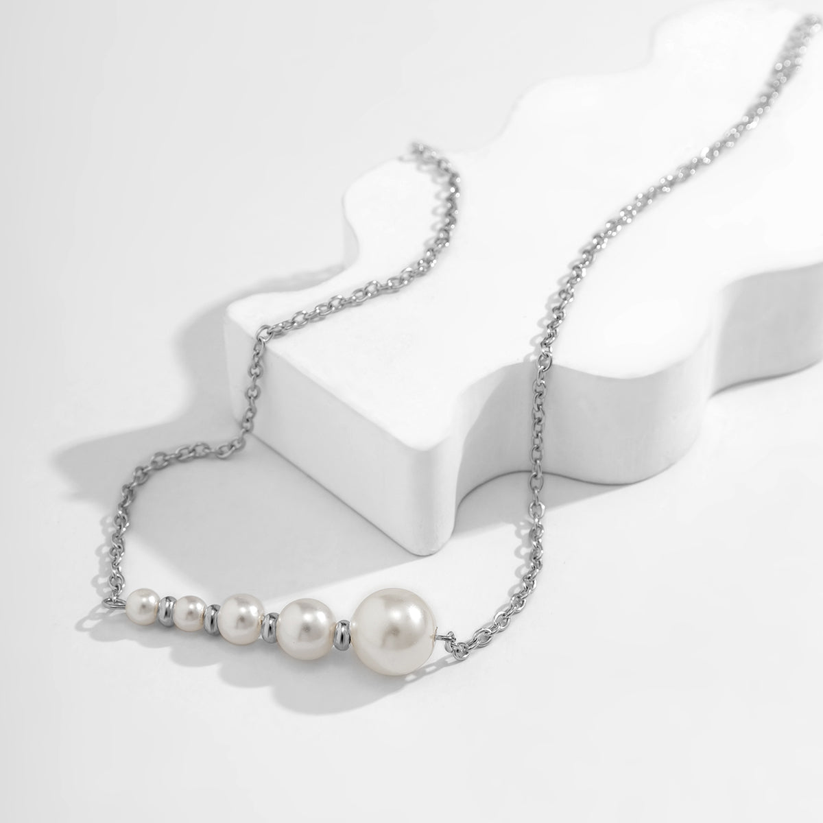 Pearl and Silver-Plated Beaded Bar Pendant Necklace, silver pendant necklace for women, vintage-inspired design, side view