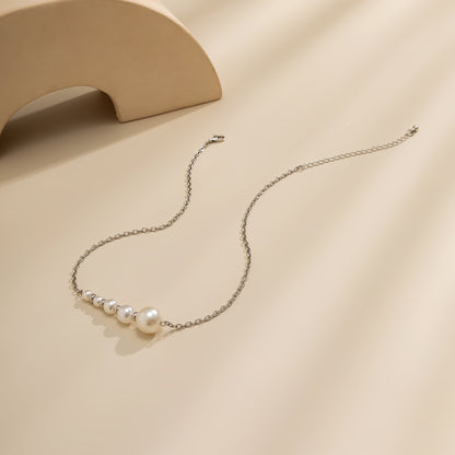 Pearl and Silver-Plated Beaded Bar Pendant Necklace, silver pendant necklace for women, detail close-up