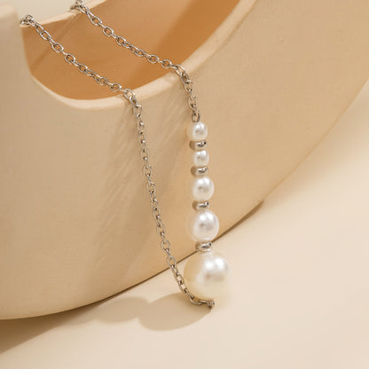 Pearl and Silver-Plated Beaded Bar Pendant Necklace, silver pendant necklace for women, lifestyle look