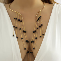 Black Acrylic & 18K Gold-Plated Bead Tassel Collar Necklace