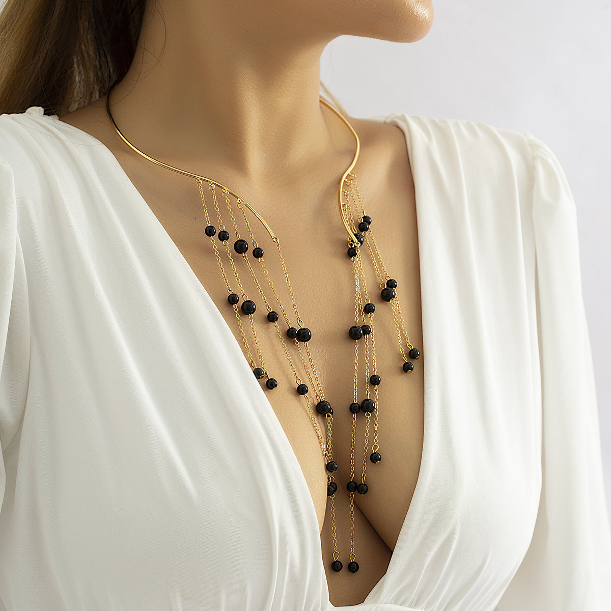 Black Acrylic & 18K Gold-Plated Bead Tassel Collar Necklace