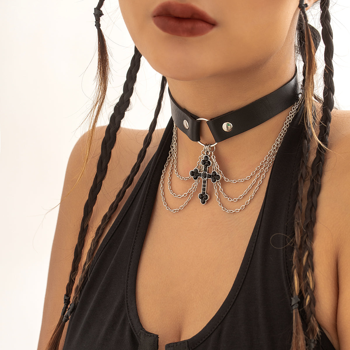 Cubic Zirconia & Polystyrene Silver-Plated Cross Layered Choker
