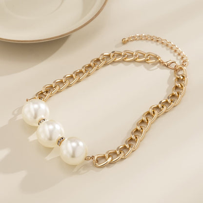 Pearl and Cubic Zirconia 18K Gold-Plated Curb Chain Choker Necklace, gold pendant necklace for women, side view