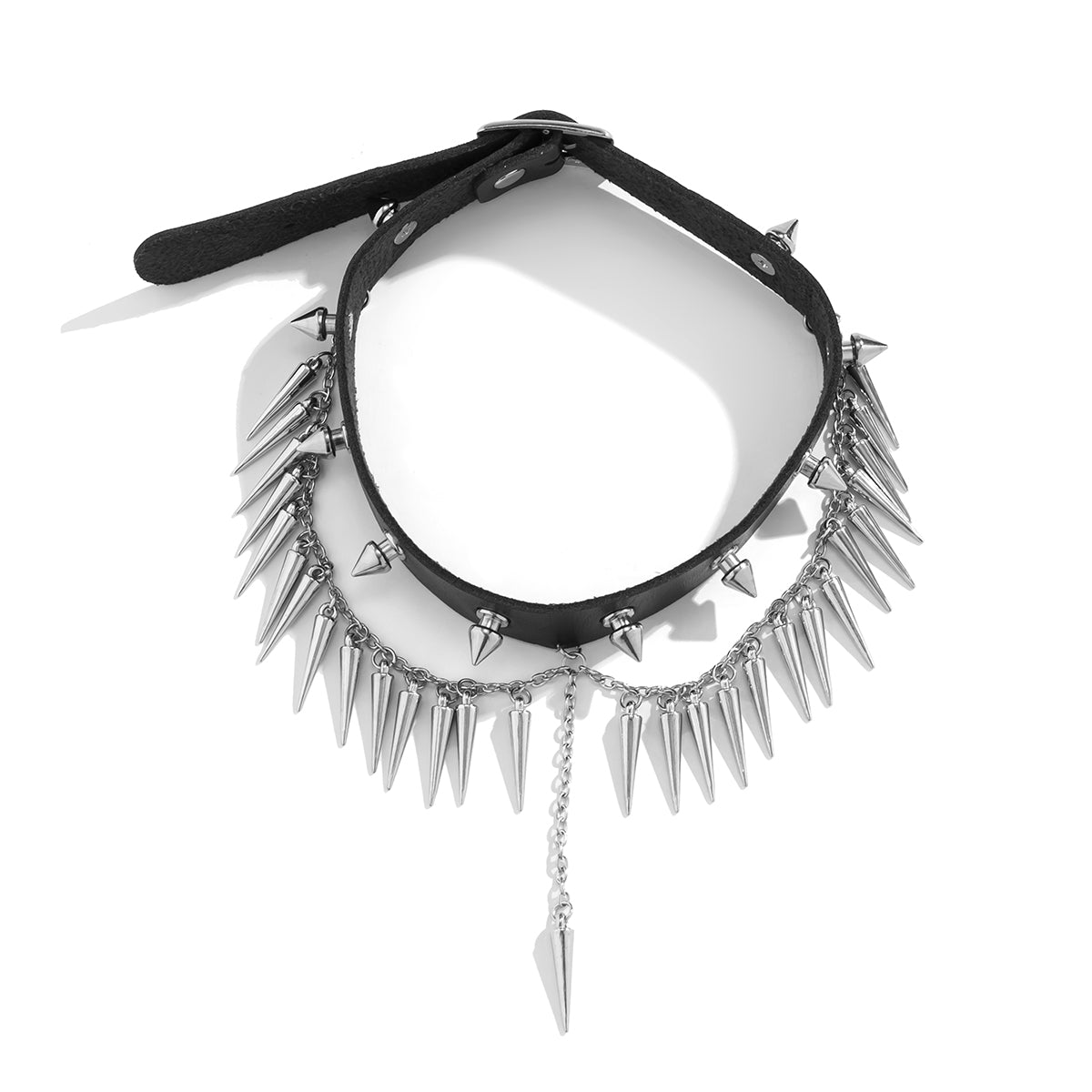 Black Polystyrene & Silver-Plated Spike Layered Choker Necklace