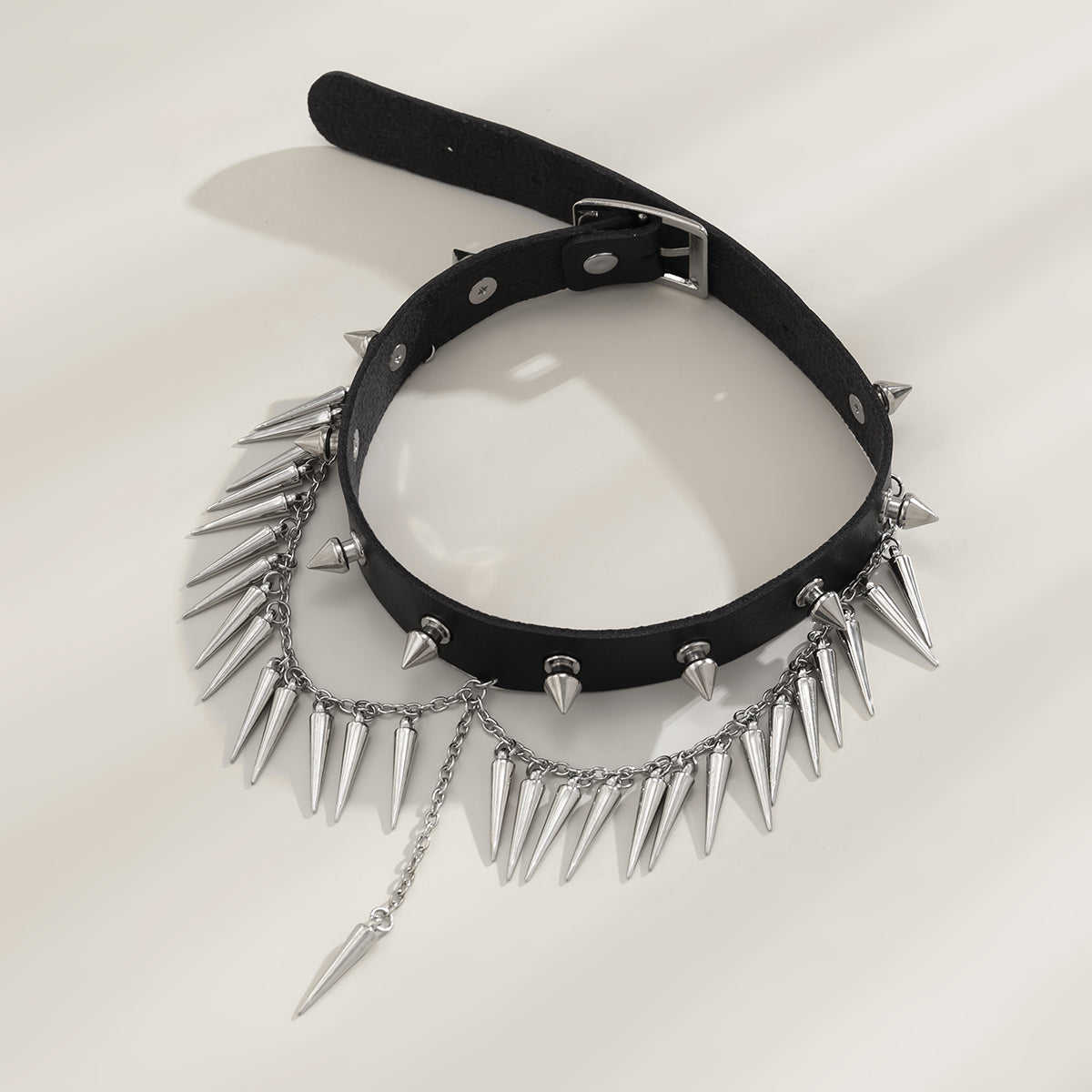 Black Polystyrene & Silver-Plated Spike Layered Choker Necklace