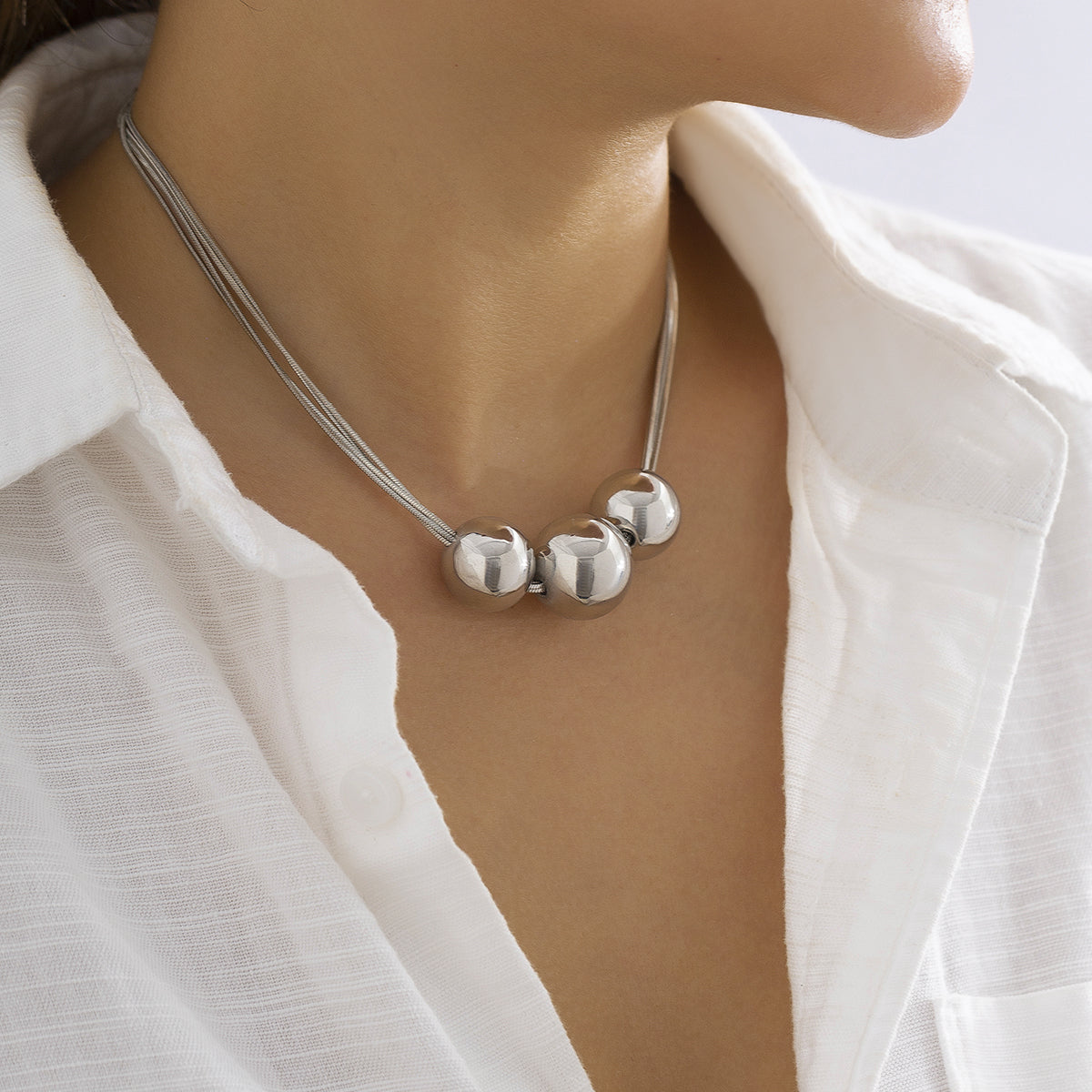 Silver-Plated Triple-Ball Multi-Chain Pendant Necklace, silver pendant necklace for women, botanical inspired, front view