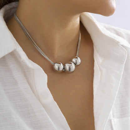 Silver-Plated Triple-Ball Multi-Chain Pendant Necklace, silver pendant necklace for women, botanical inspired, front view