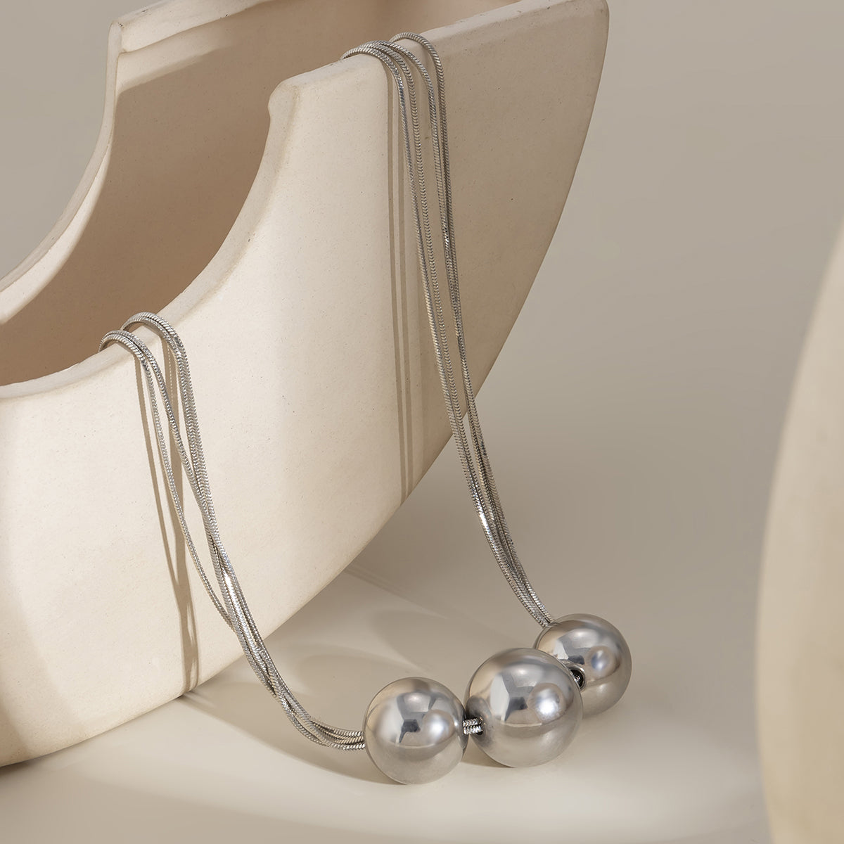 Silver-Plated Triple-Ball Multi-Chain Pendant Necklace, silver pendant necklace for women, botanical inspired, lifestyle look