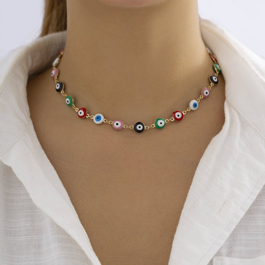 Enamel and 18K Gold-Plated Multicolor Evil Eye Chain Necklace, gold pendant necklace for women, front view
