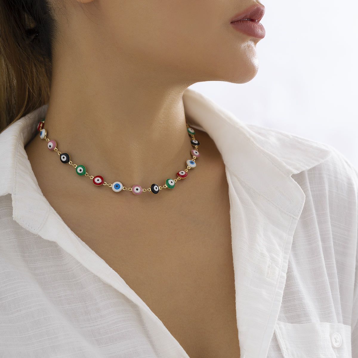 Enamel and 18K Gold-Plated Multicolor Evil Eye Chain Necklace, gold pendant necklace for women, side view