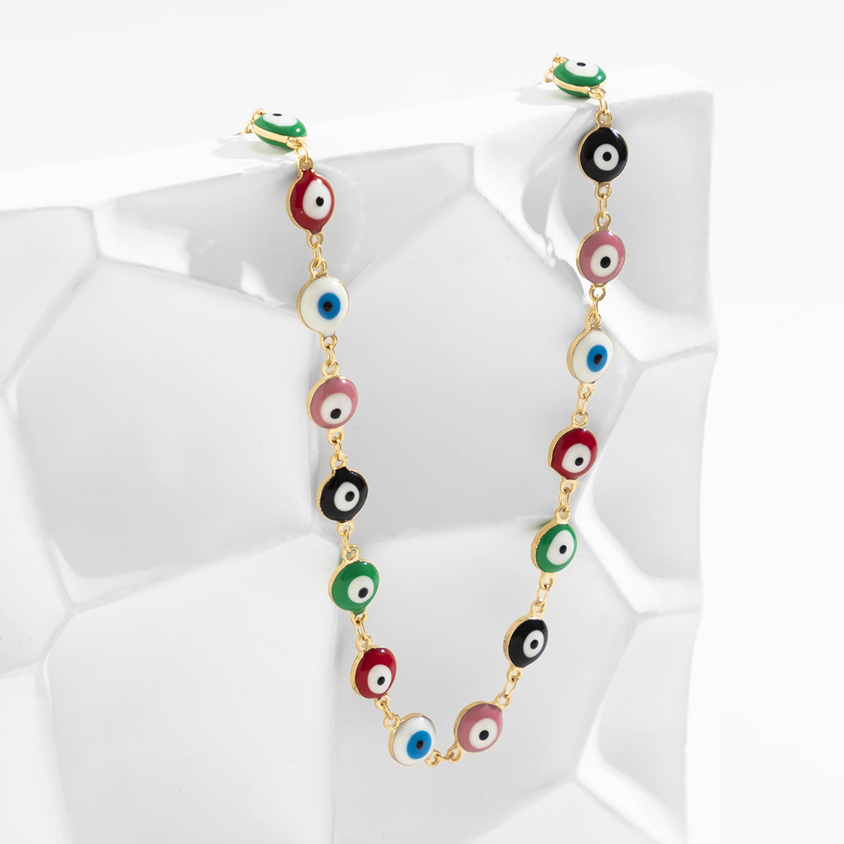 Enamel and 18K Gold-Plated Multicolor Evil Eye Chain Necklace, gold pendant necklace for women, detail close-up