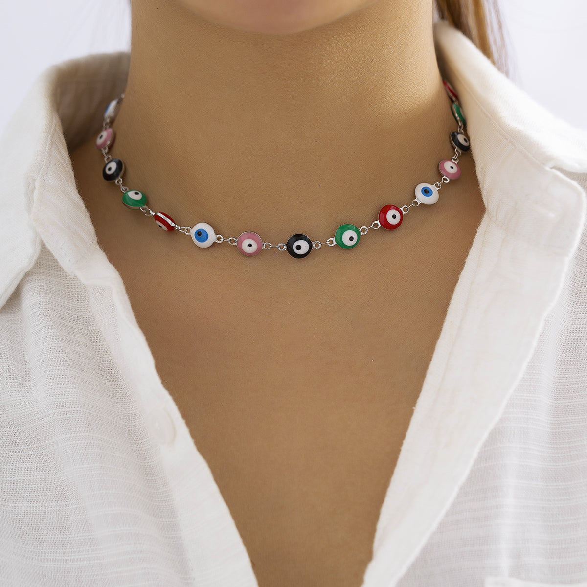 Green Multicolor Enamel and Silver-Plated Eye Chain Necklace, silver pendant necklace for women, everyday style, front view