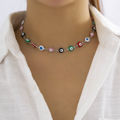 Green Multicolor Enamel and Silver-Plated Eye Chain Necklace, silver pendant necklace for women, everyday style, front view