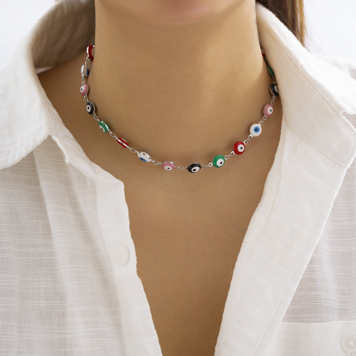 Green Multicolor Enamel and Silver-Plated Eye Chain Necklace, silver pendant necklace for women, everyday style, side view