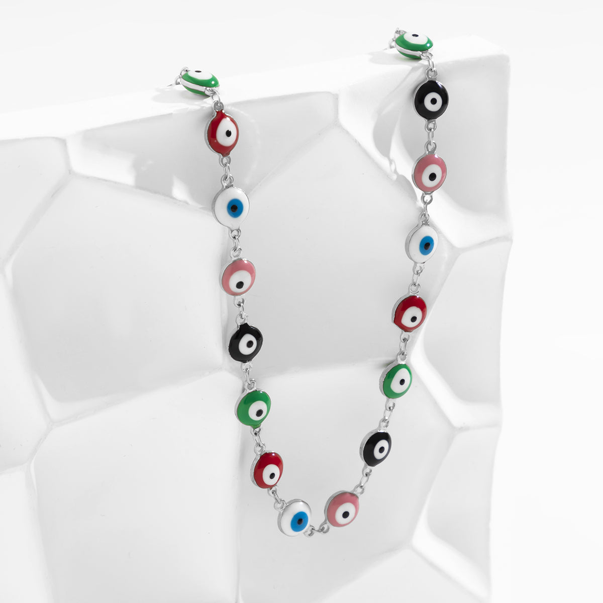Green Multicolor Enamel and Silver-Plated Eye Chain Necklace, silver pendant necklace for women, detail close-up