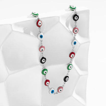 Green Multicolor Enamel and Silver-Plated Eye Chain Necklace, silver pendant necklace for women, detail close-up