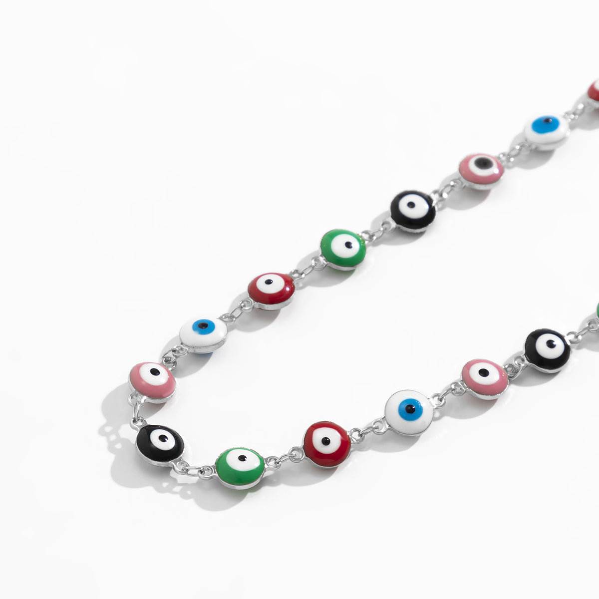 Green Multicolor Enamel and Silver-Plated Eye Chain Necklace, silver pendant necklace for women, lifestyle look