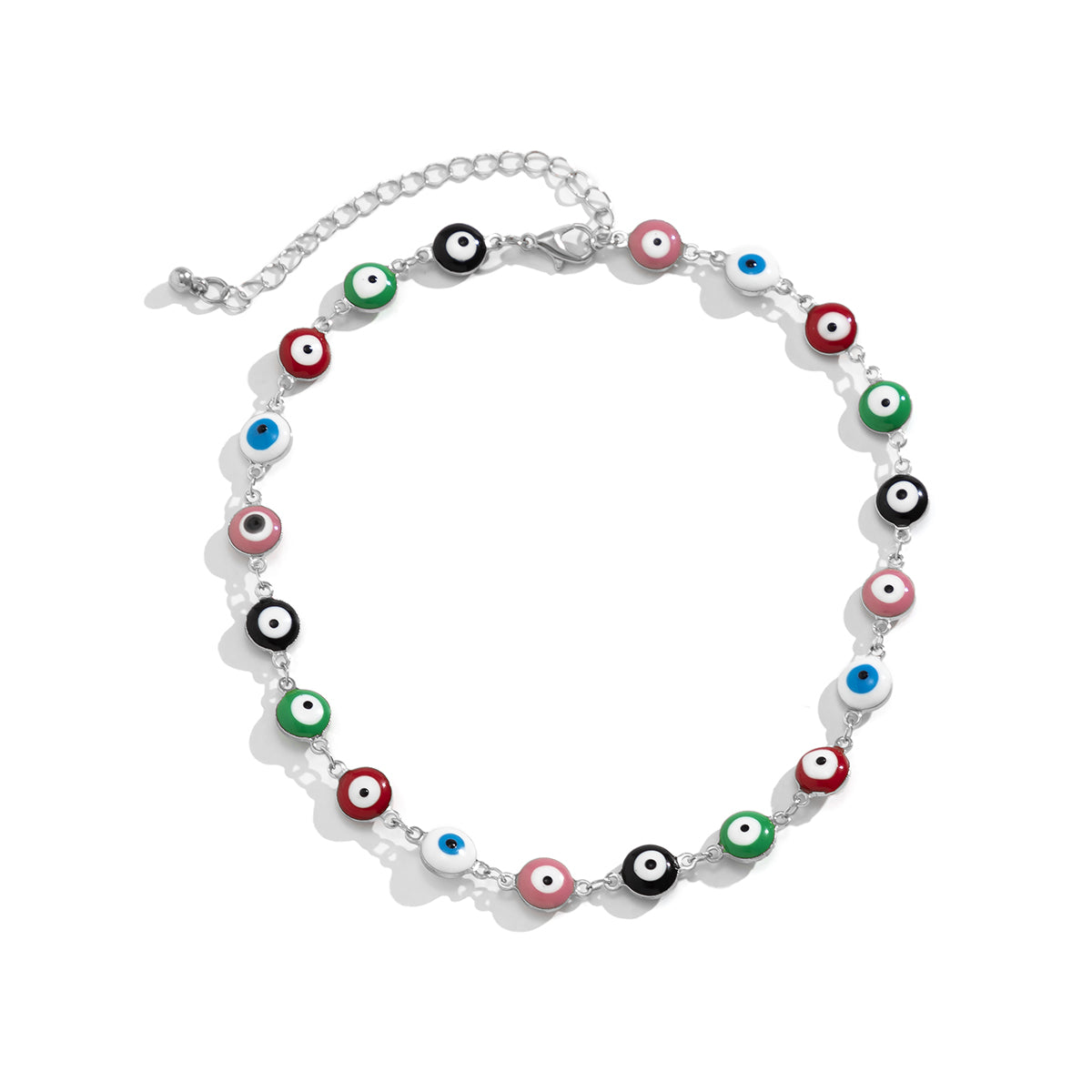 Green Multicolor Enamel and Silver-Plated Eye Chain Necklace, silver pendant necklace for women, everyday style, styled look