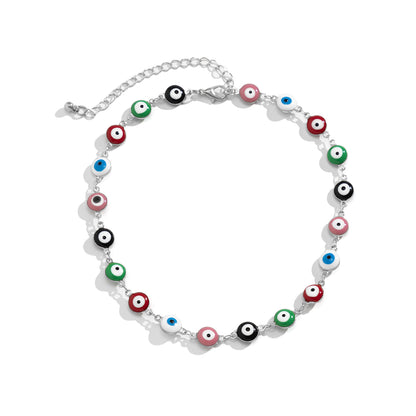 Green Multicolor Enamel and Silver-Plated Eye Chain Necklace, silver pendant necklace for women, everyday style, styled look