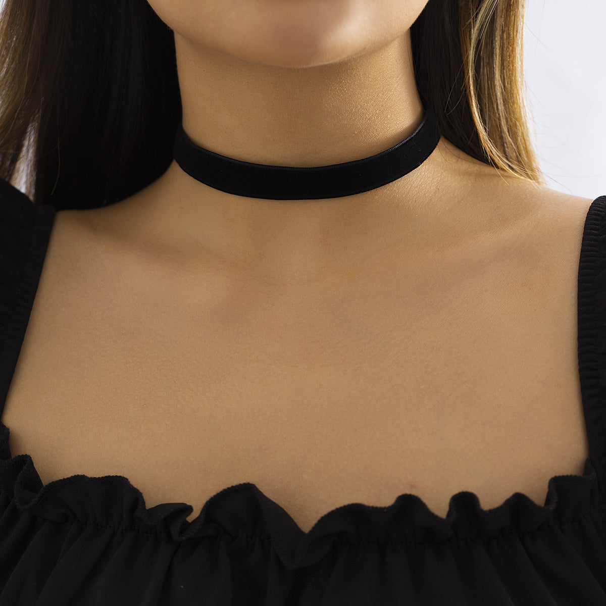 Black and Silver-Plated Thin Band Choker Necklace, chunky silver choker necklace, everyday style, front view