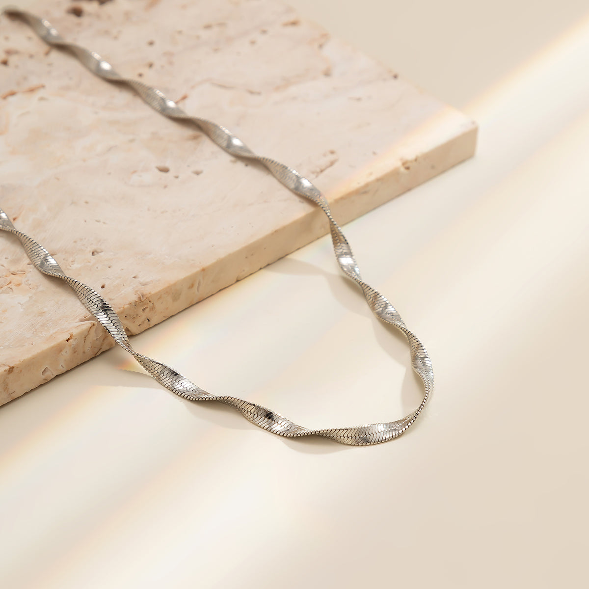 Silver-Plated Twisted Snake Chain Necklace, silver pendant necklace for women, everyday style, front view