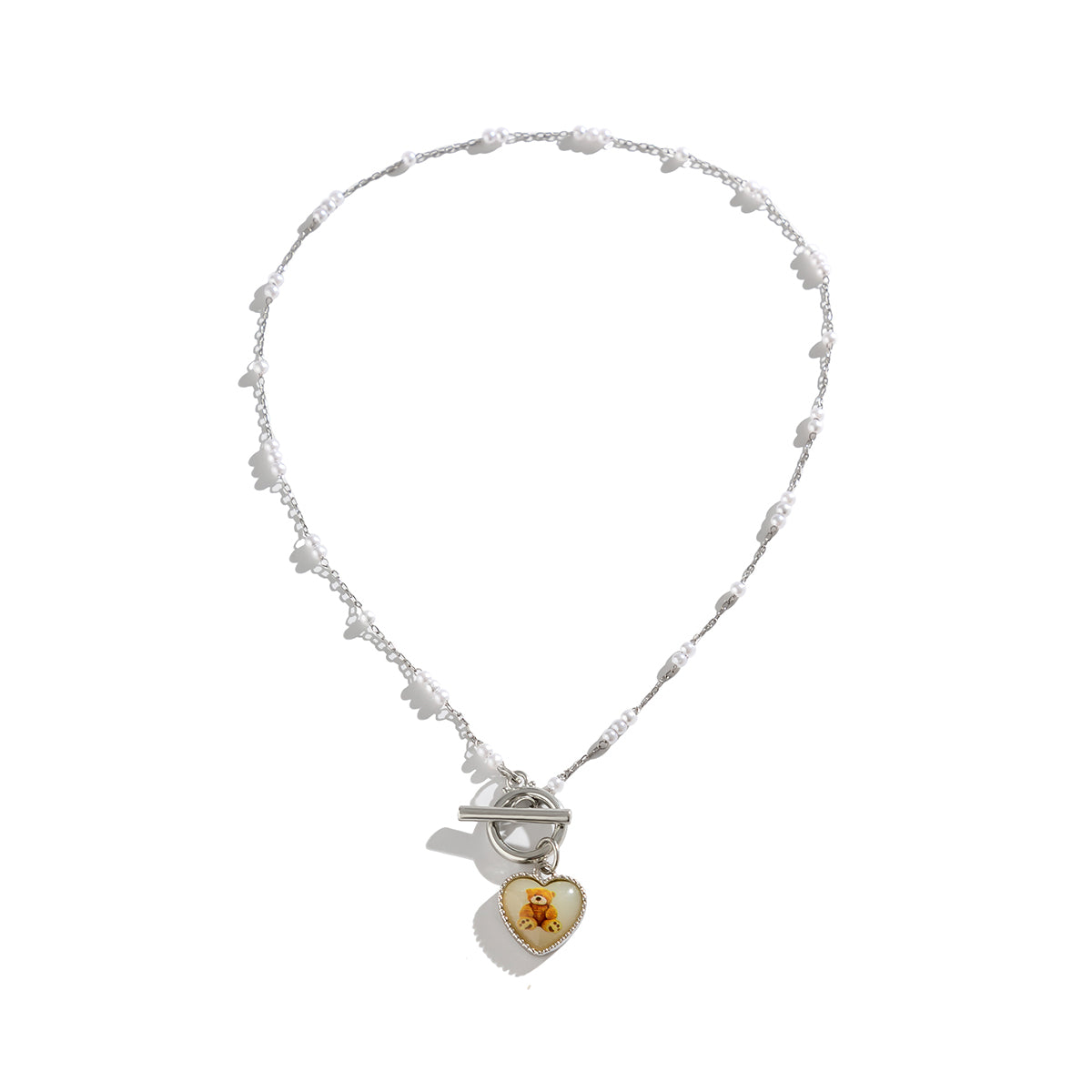 Pearl & Resin Silver-Plated Bear Heart Toggle Necklace