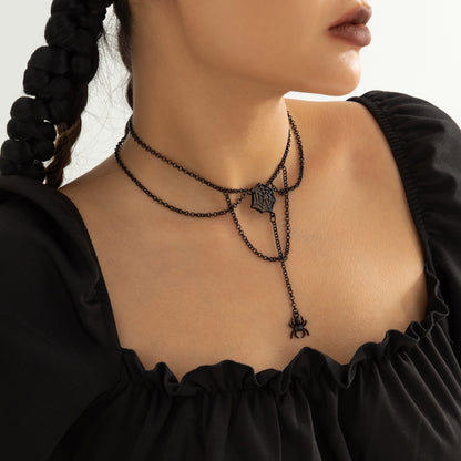 Black Cobweb and Spider Layered Pendant Necklace, pendant necklace for women, botanical inspired, front view