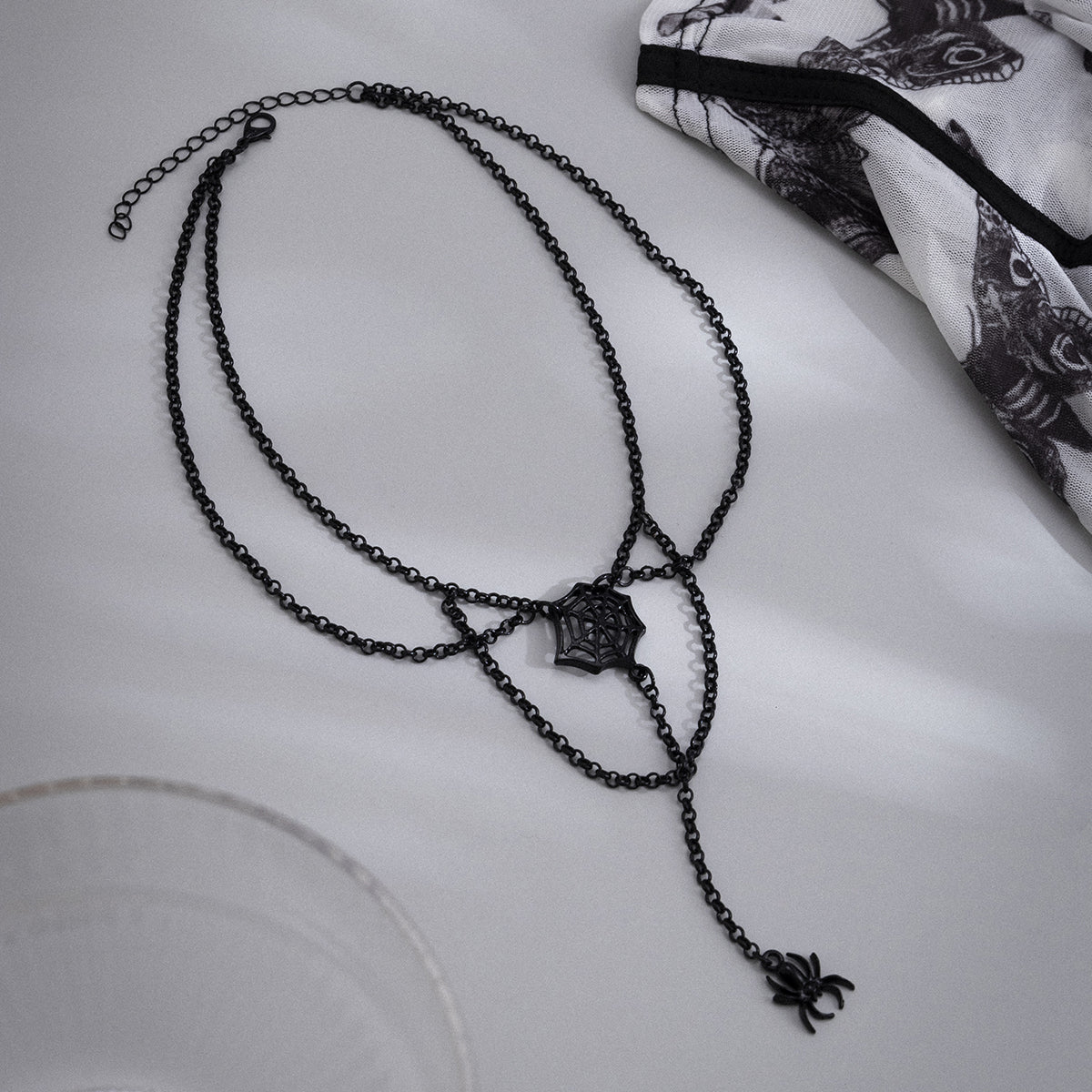 Black Cobweb and Spider Layered Pendant Necklace, pendant necklace for women, botanical inspired, side view