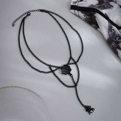 Black Cobweb and Spider Layered Pendant Necklace, pendant necklace for women, botanical inspired, side view
