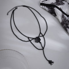 Black Cobweb & Spider Layered Pendant Necklace