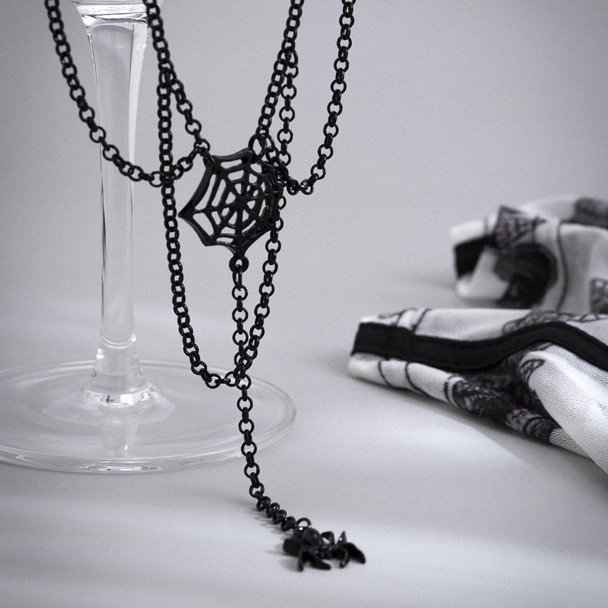 Black Cobweb and Spider Layered Pendant Necklace, pendant necklace for women, botanical inspired, detail close-up
